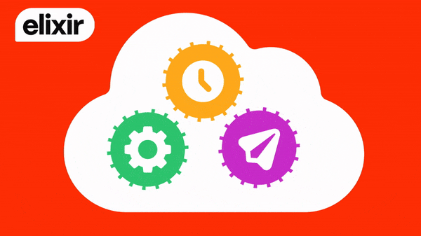 An animated graphic depicting cloud native scaling for customer communications management. Icons representing various microservices (a paper airplane for delivery, a gear for configuration, a clock for scheduling) grow and shrink independently inside a large cloud icon.