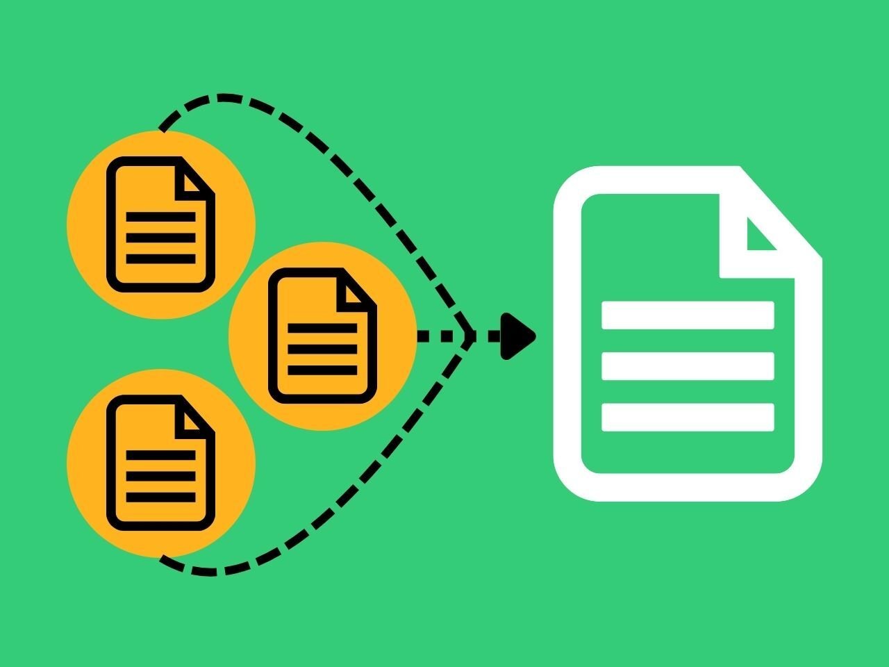 A graphic representing template consolidation with Elixir Cloud. On the left side of the image, three icons representing document templates are connected by lines that converge on a point terminating in an arrow pointed at a single large icon of the same type.
