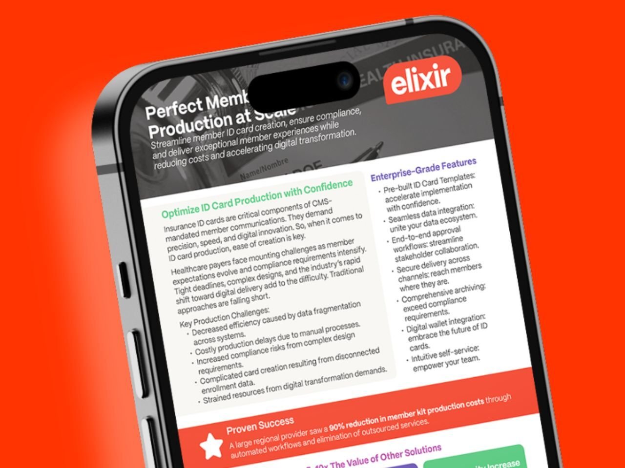 A graphic mockup of an Elixir Cloud solution brief about producing member ID cards, displayed on an iPhone 14.
