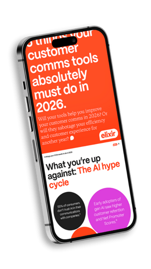 5 things your CCM tools must do in 2026: A graphical representation of a white paper by Elixir Technologies displayed on an iPhone. Text on screen reads: 