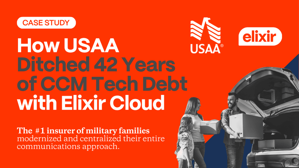 Elixir Cloud case study: How USAA Ditched 42 Years of CCM Tech Debt with Elixir Cloud - The #1 insurer of military families modernized and centralized their entire communications approach. A smiling family of three loads boxes into the back of their hatchback car.