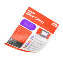 The Elixir Cloud product brief mocked up as a single-leaf page with a slight curve and a white shadow.