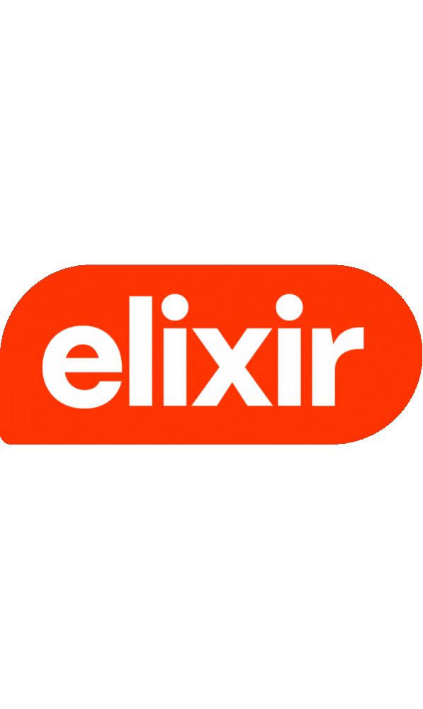 An animation of the Elixir logo spreading to reveal several shadows of its shape rendered in different colors (green, magenta, black, purple)