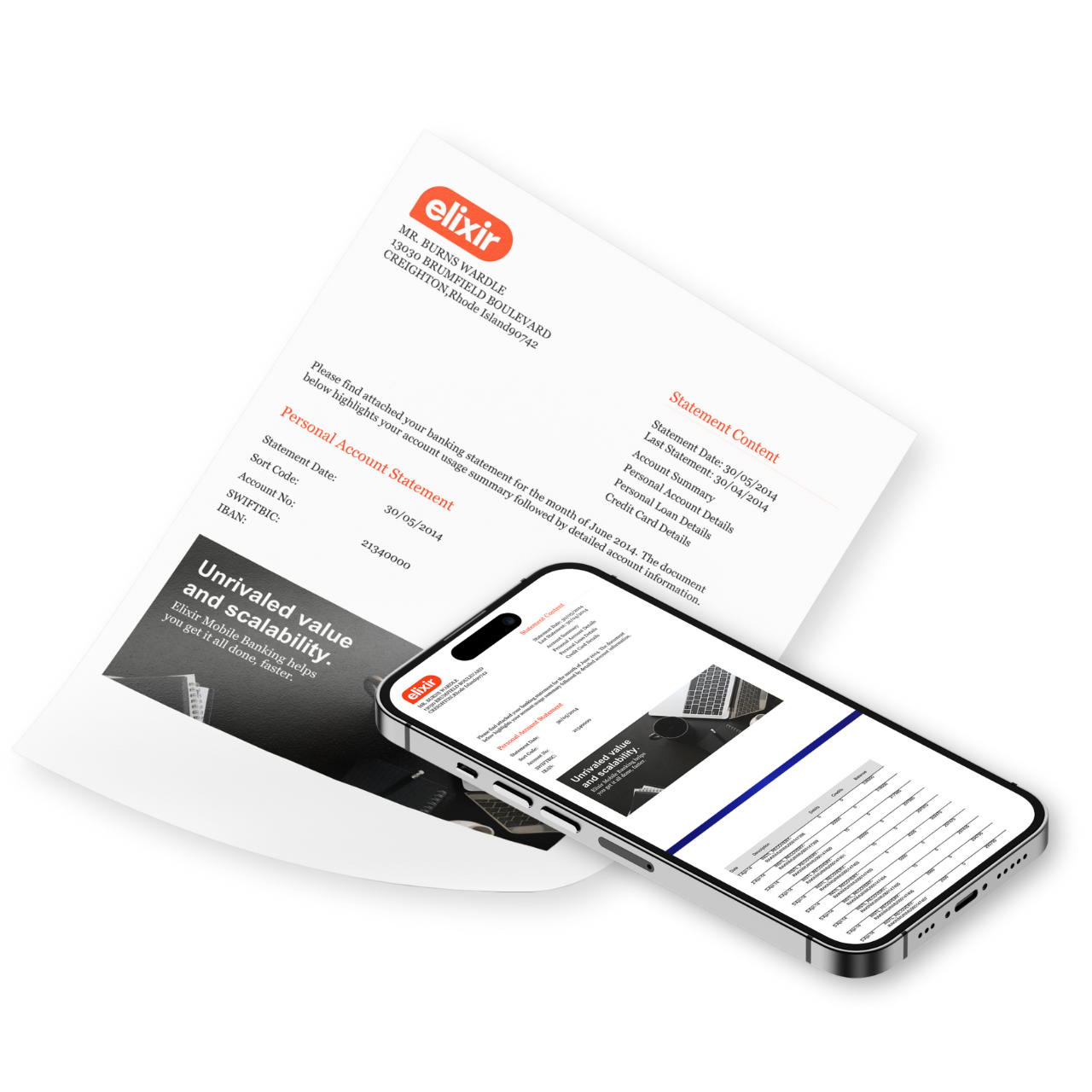 An Elixir-generated bank statement mocked up on a piece of paper and a smartphone screen.